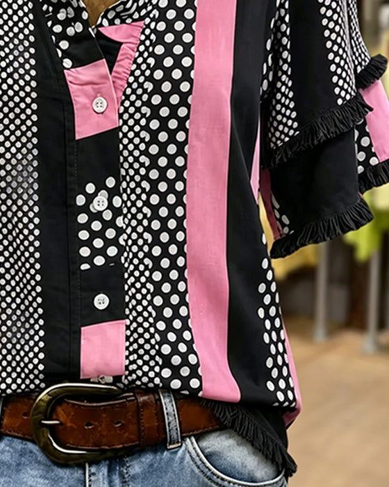 Polka Dot Contrast Patchwork Ruffle Shirt