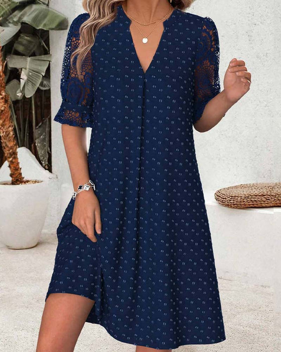 V-Neck Print Lace Patchwork A-Line Dress