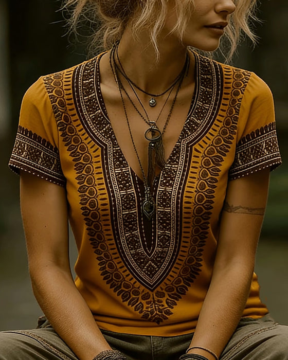 Ethnic V-Neck Short Sleeve T-Shirt