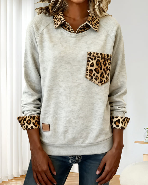 Long-Sleeved Lapel Leopard Print Sweatshirt