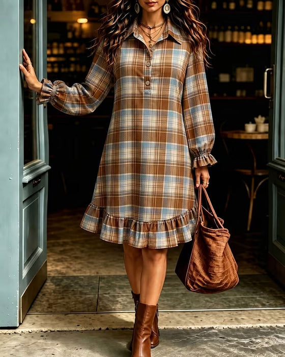 Lapel Button Plaid Dress