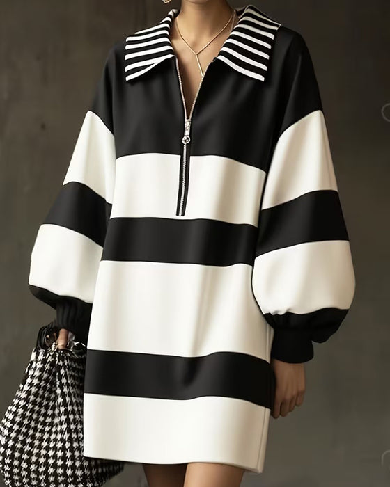 Lantern Sleeve Striped Lapel Zip Dress