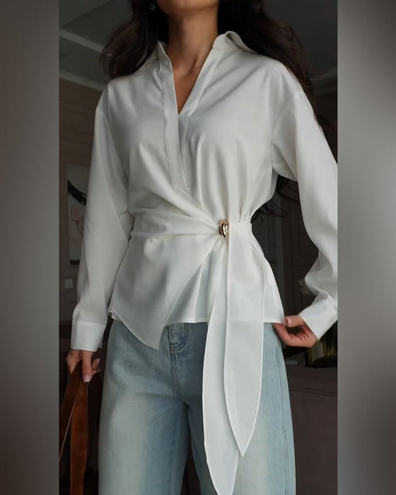 Solid Color Belted Blouse