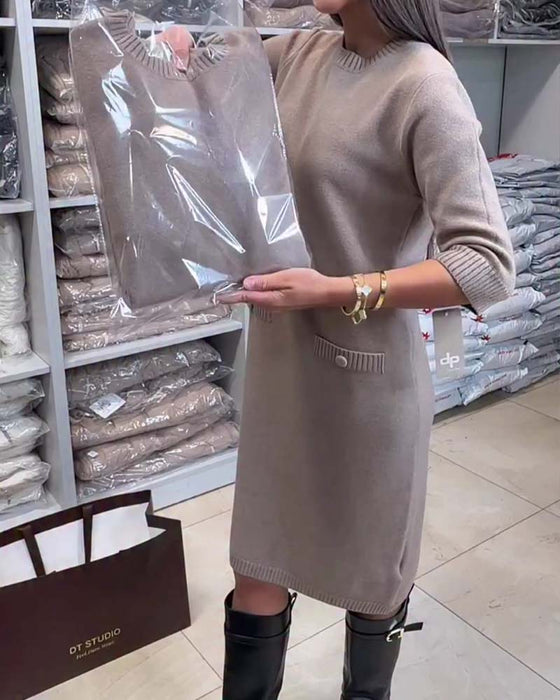 Crew Neck Elbow-Length Sleeve Sweater Dress
