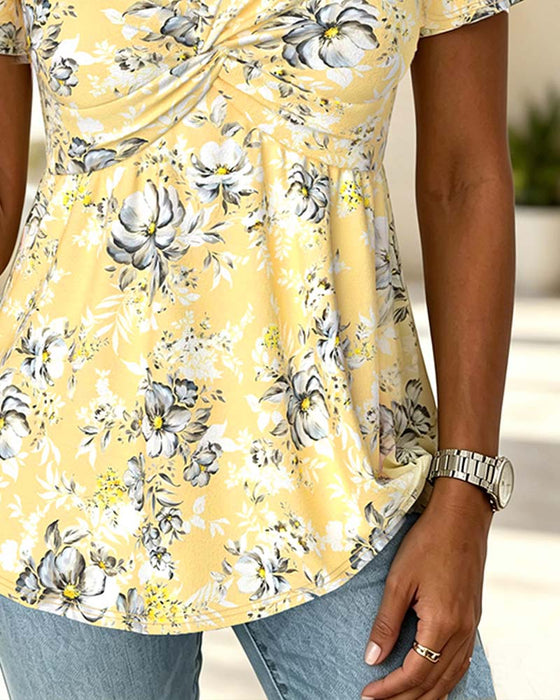 V-Neck Twist Floral Short Sleeve T-Shirt