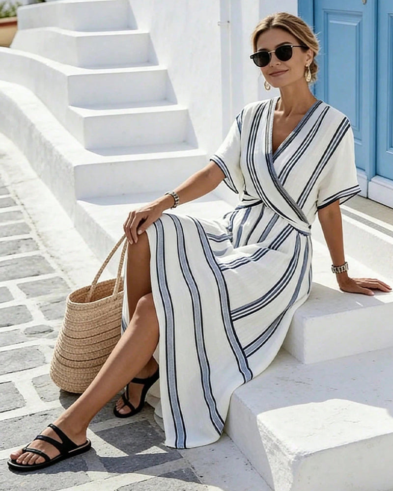 Elegant Sophisticated Striped Cross Waist Dress