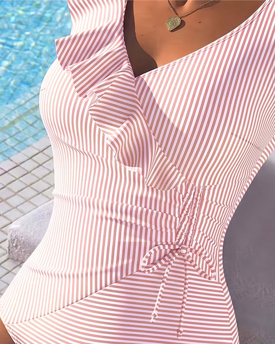 Cross Front Ruffle Stripe One Piece