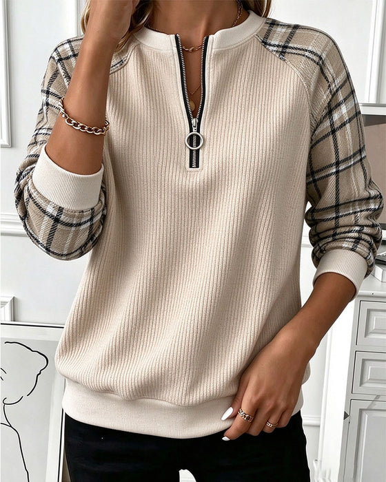 Round Neck Zipper Plaid Sweatshirt