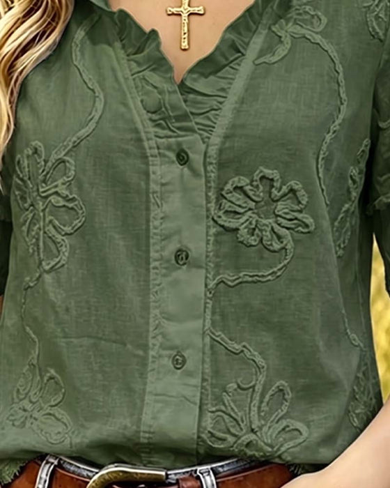 Fringed Hem Puff Sleeve Blouse