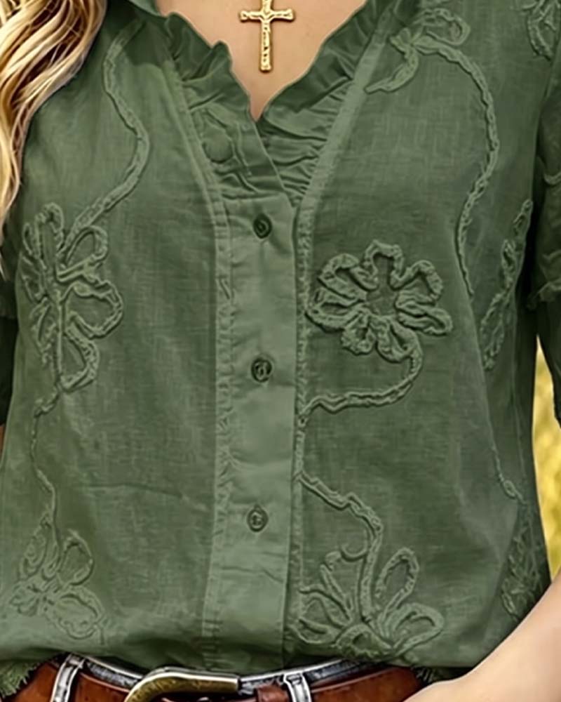 Fringed Hem Puff Sleeve Blouse
