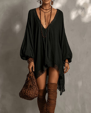 V-Neck Lace Asymmetric Dress