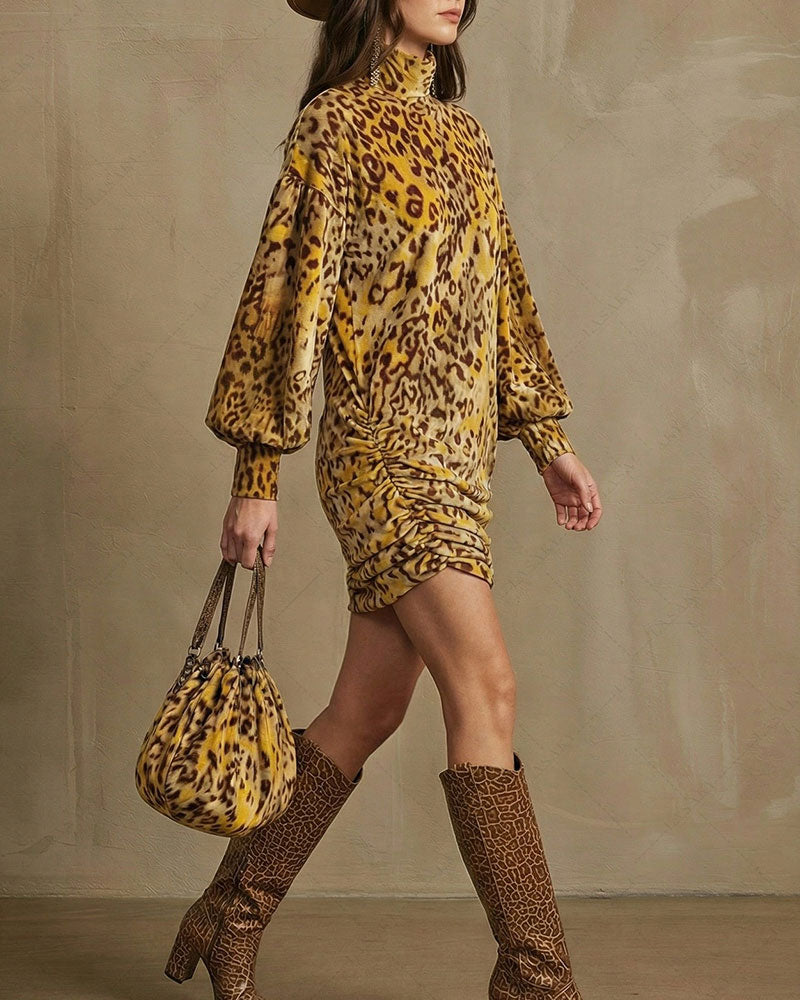 High Neck Leopard Lantern Sleeve Elegant Dress