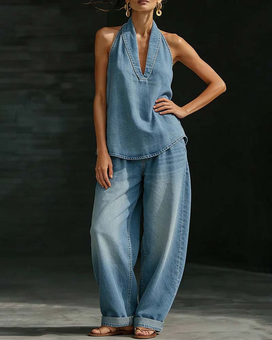 Fashion Halter Neck Denim Set