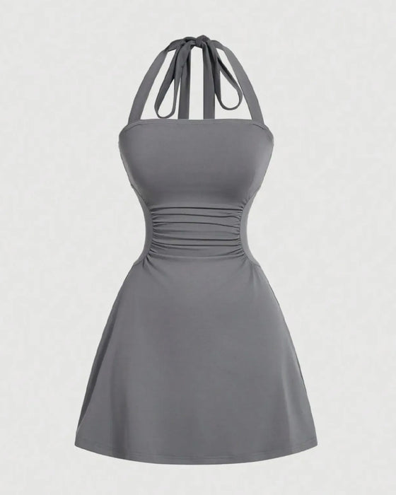 Halterneck Bandage Waist Shirred Dress