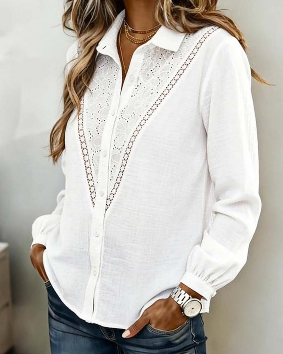 Hollowed-Out Lapel Patchwork Shirt