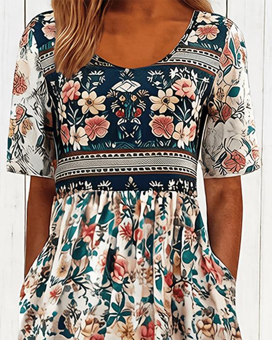 Vintage Floral Waist-Cinching Midi Dress