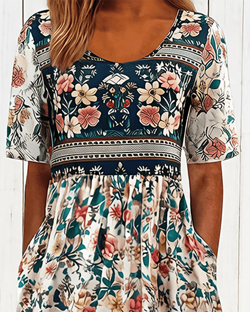 Vintage Floral Waist-Cinching Midi Dress