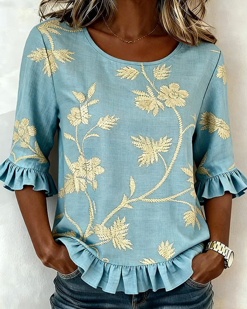 Jasmine Ruffle Round Neck Mid-Sleeve Blouse