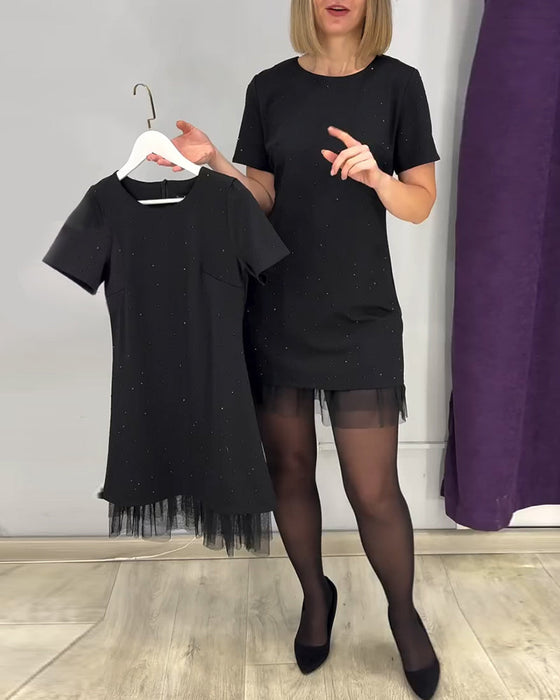 Short-Sleeved Rhinestone Patchwork Dress