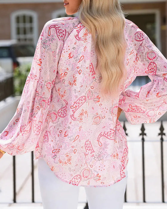 Lantern Sleeve Printed V-Neck Blouse
