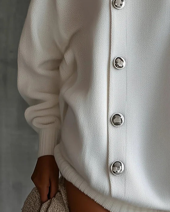 Button Solid Long Sleeve Sweater Dress