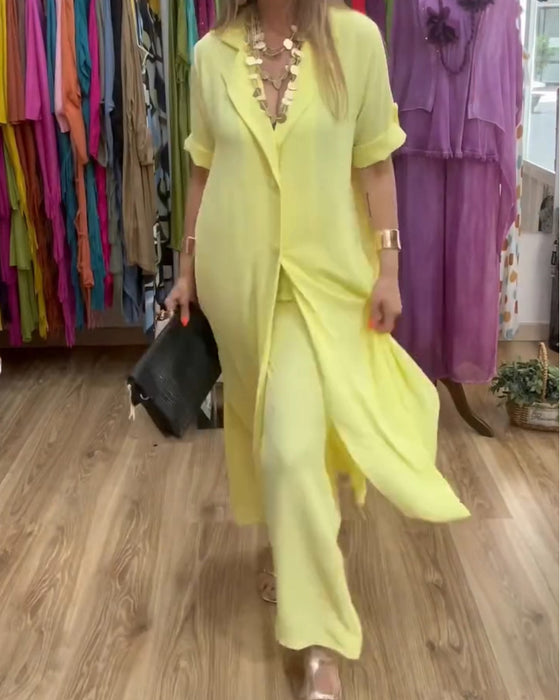 Lapel Long Cardigan Wide Leg Pants Set