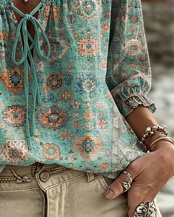 V-Neck Tie Vintage Print Blouse