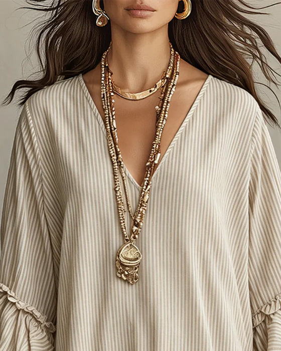 V-Neck Lantern Sleeve Striped Mini Dress
