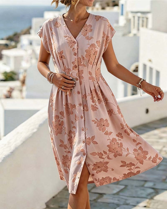 V-Neck Print Cinched Waist Button-Front Dress