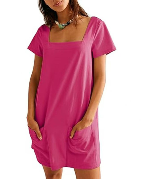Square Neck Short-Sleeved Pocket Dress