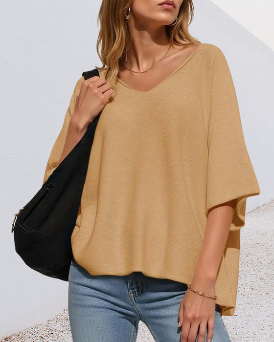 V-Neck Batwing Sleeve Solid T-Shirt