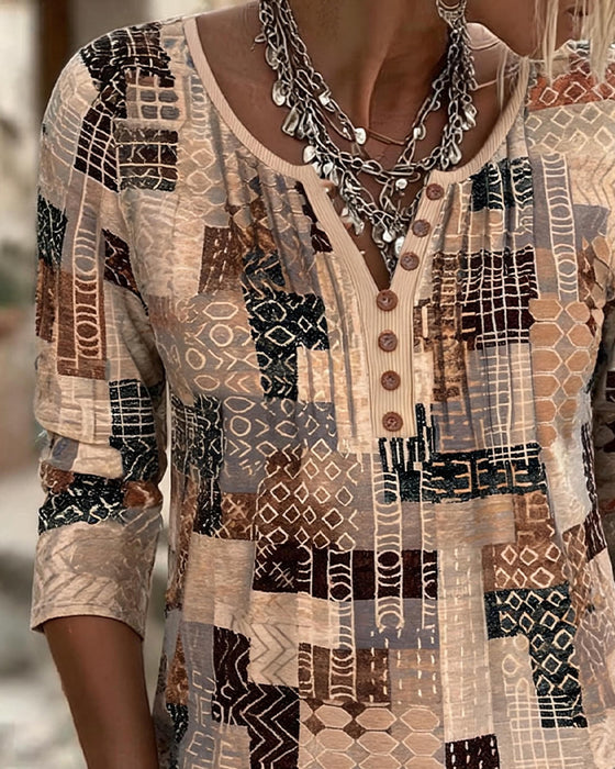Geometric Patchwork Print Henley T-Shirt