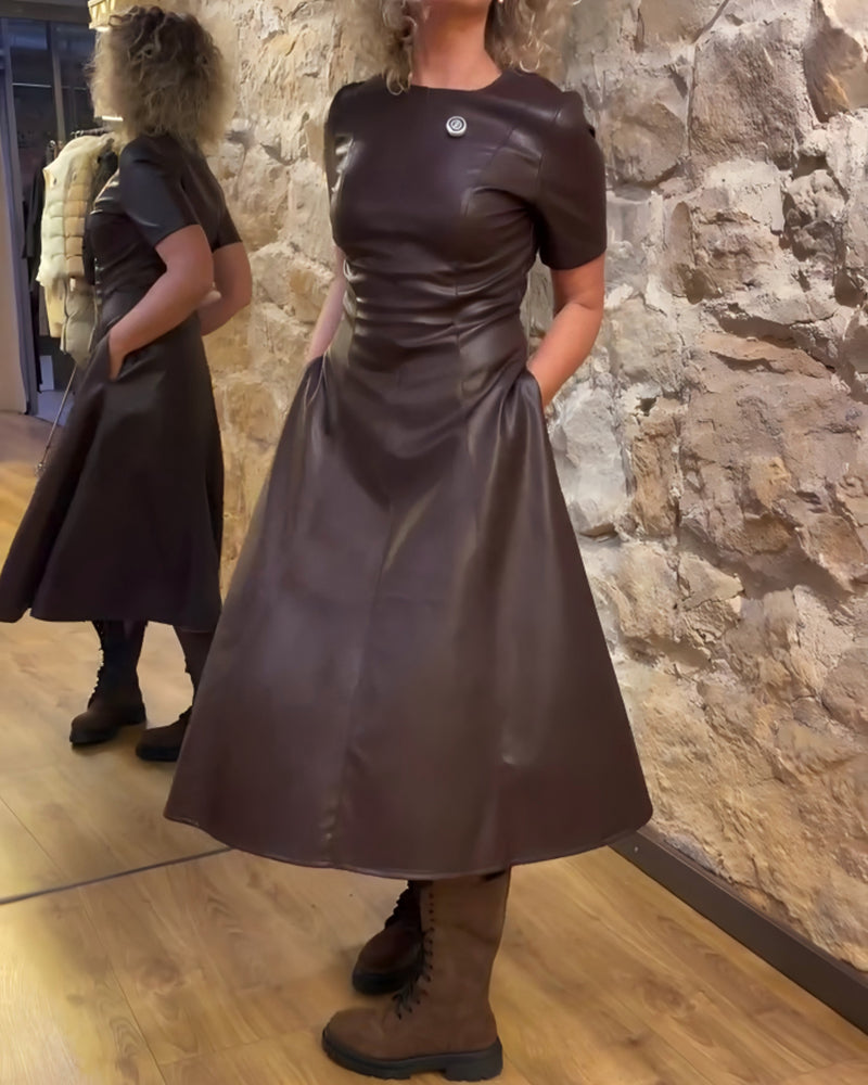 Pu Leather Waisted Short-Sleeved Dress