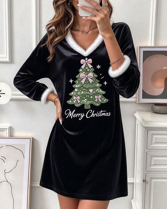 V-Neck Furry Collar Christmas Tree Long Sleeve Dress