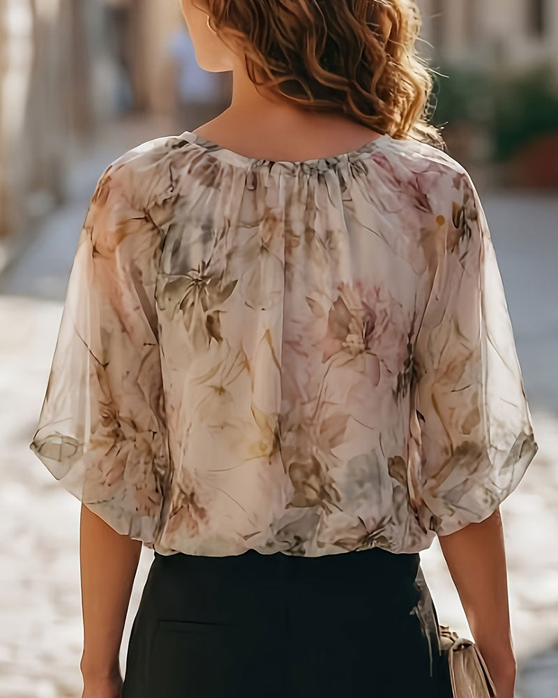 Ink Wash Floral Bubble Sleeve Blouse