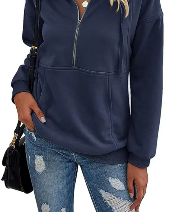 Solid Color Lapel Zipper Pocket Sweatshirt