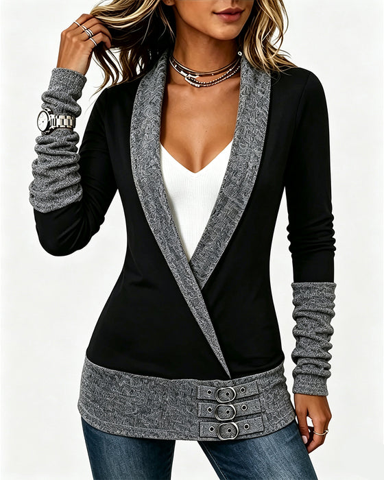 Colorblock Cross V-Neck Waist-Cinching Mock Two-Piece Top