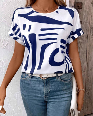 Round Neck Short Sleeve Geometric Print T-Shirt