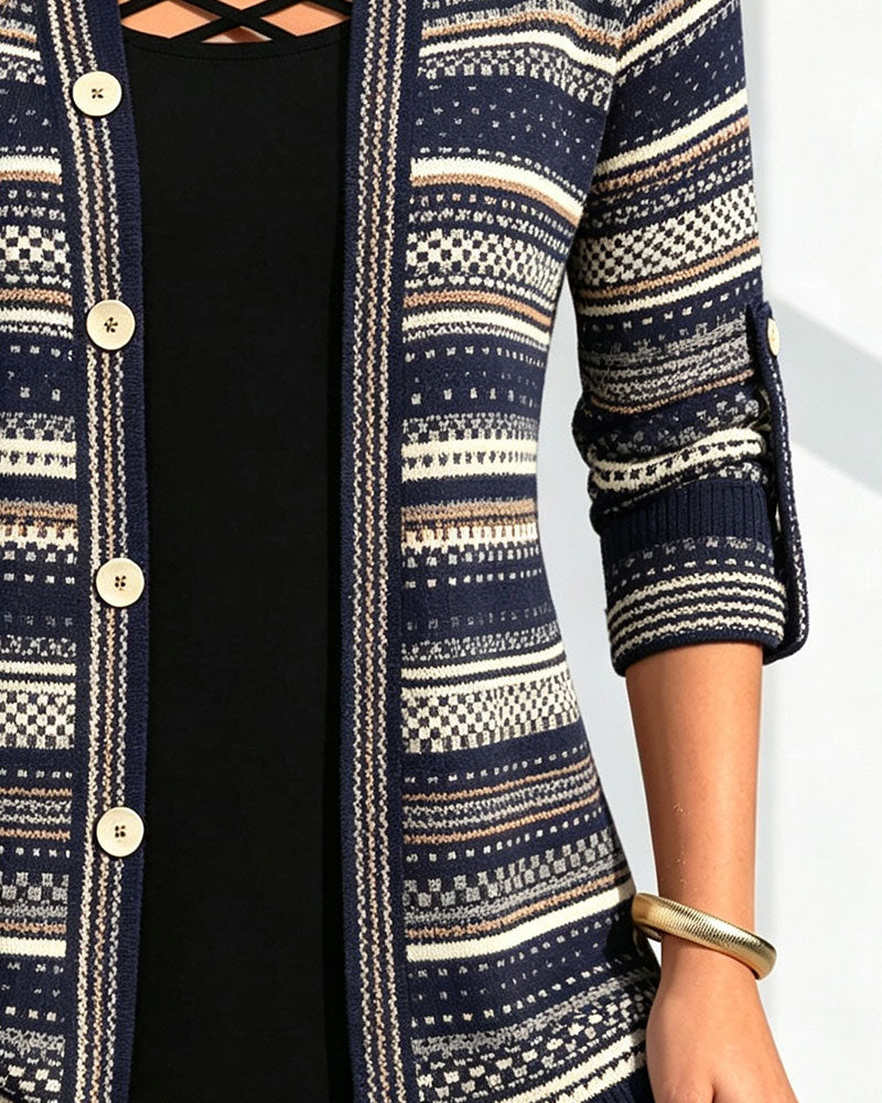 Bohemian Stripe Lapel Mock Layered Blouse