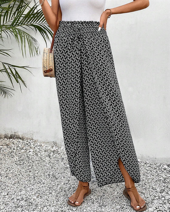 Elastic printed slit wide-leg pants