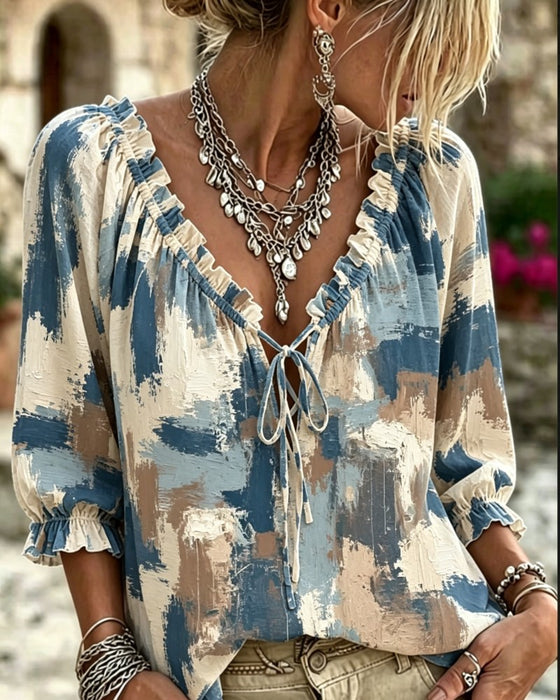 Casual Printed V-Neck Blouse