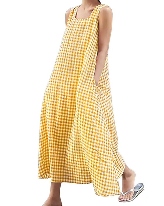 Plaid Sleeveless Square Neck Maxi Dress
