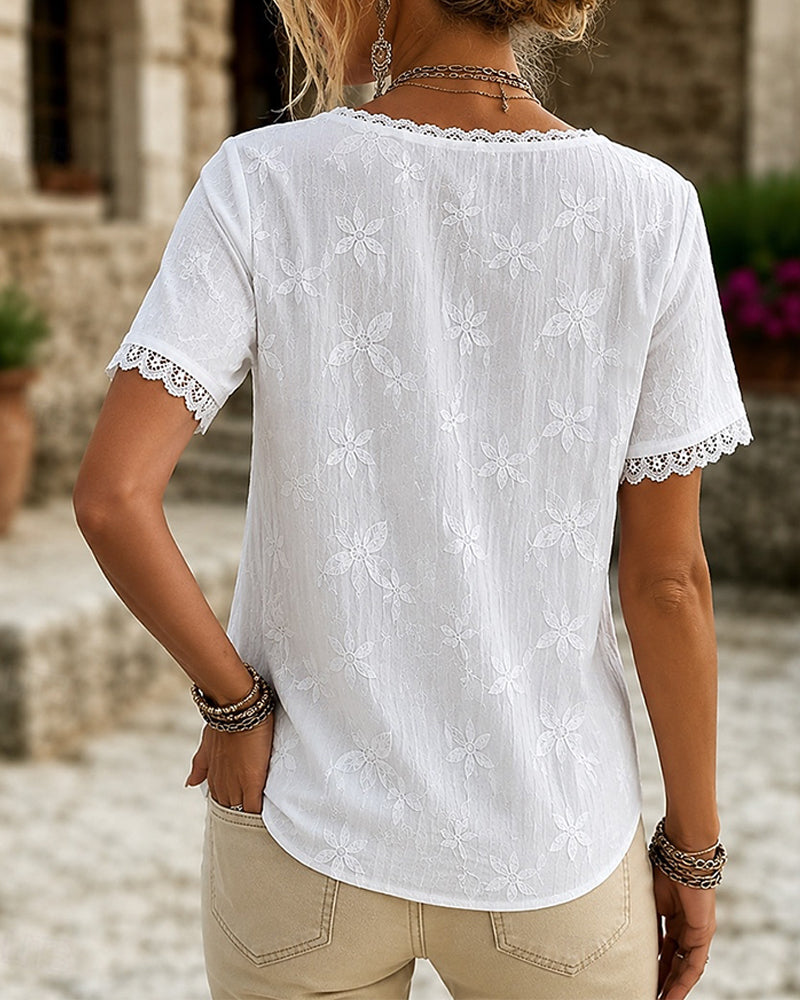 V-Neck Lace Short Sleeve Blouse