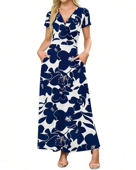 V-Neck Printed Short-Sleeved Dress