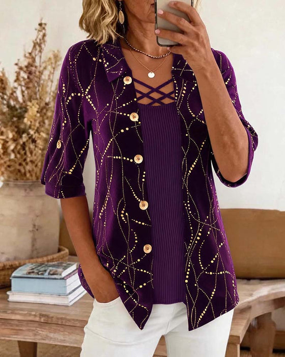 Lapel Button Front Cross Over Mock Layered Blouse