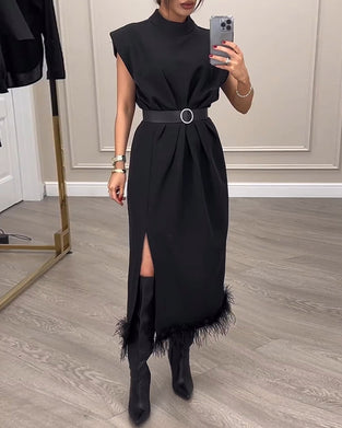 Sleeveless feather side slit dress