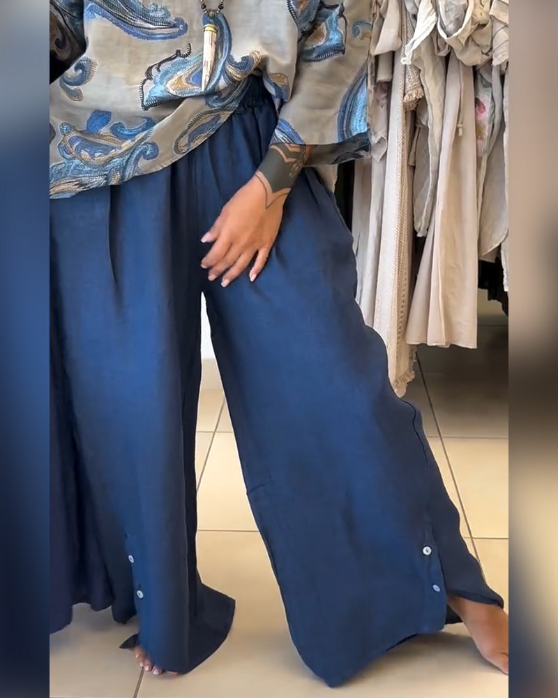 Elastic Waist Button Decor Wide Leg Long Pants