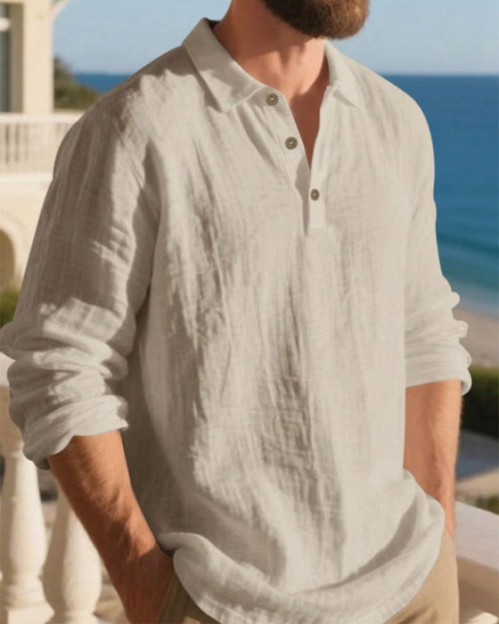 Men's Lightweight Loose Linen Long Sleeve Polo Shirt