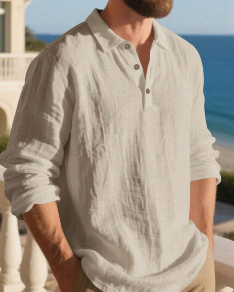 Men's Lightweight Loose Linen Long Sleeve Polo Shirt