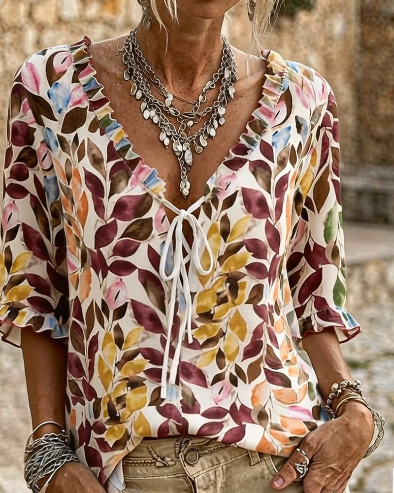 Casual Print Ruffle Sleeve Blouse